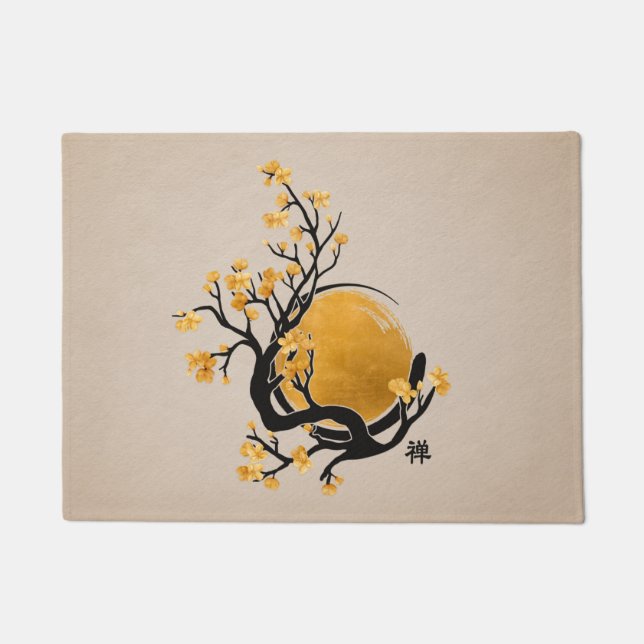 Zen Enso Circle, Golden Sun and Sakura Blossom Doormat (Front)