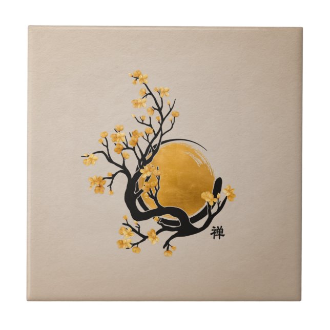 Zen Enso Circle, Golden Sun and Sakura Blossom Tile (Front)