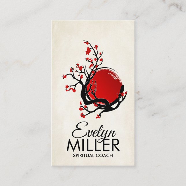 Zen Enso Circle, Sun and Red Sakura Blossom Business Card (Front)