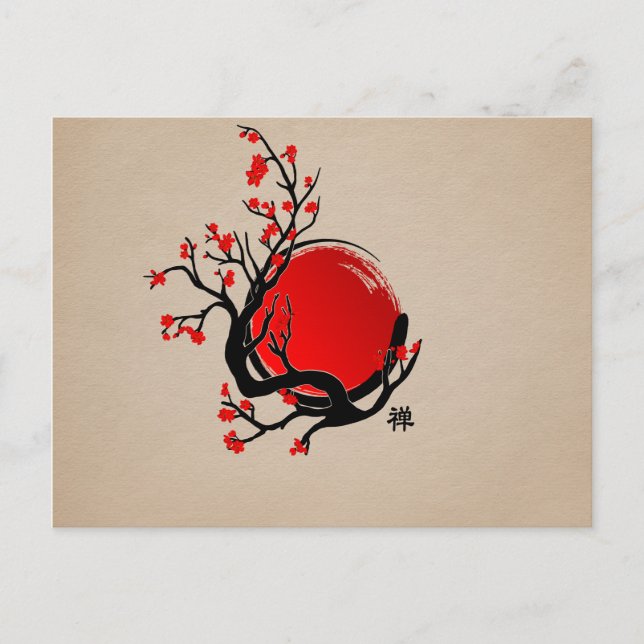 Zen Enso Circle, Sun and Red Sakura Blossom Postcard (Front)