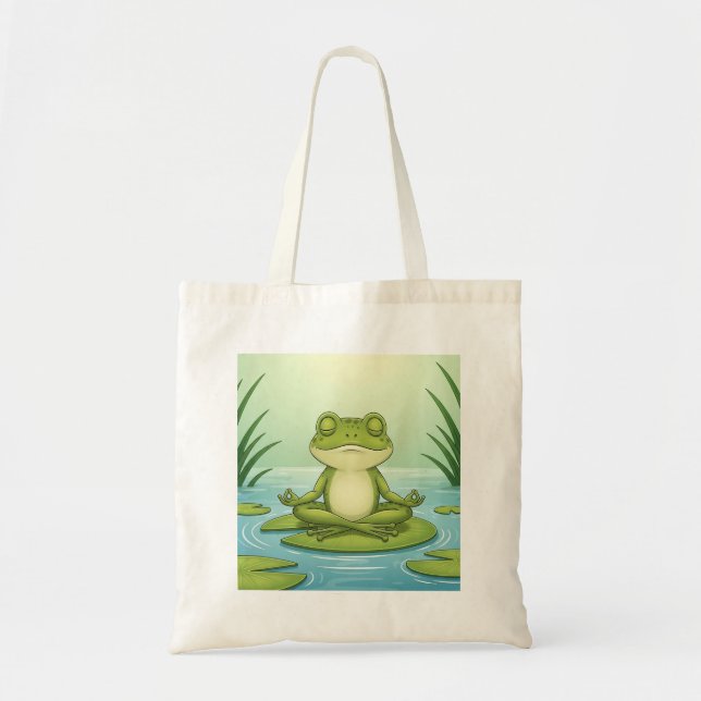 Zen Frog Meditating on Lily Pad – Peaceful Yoga Ca Tote Bag (Front)