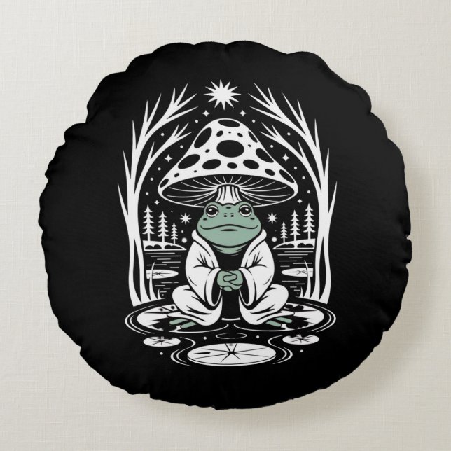 Zen Frog Under Mushroom– Meditating Frog Nature  Round Pillow (Front)