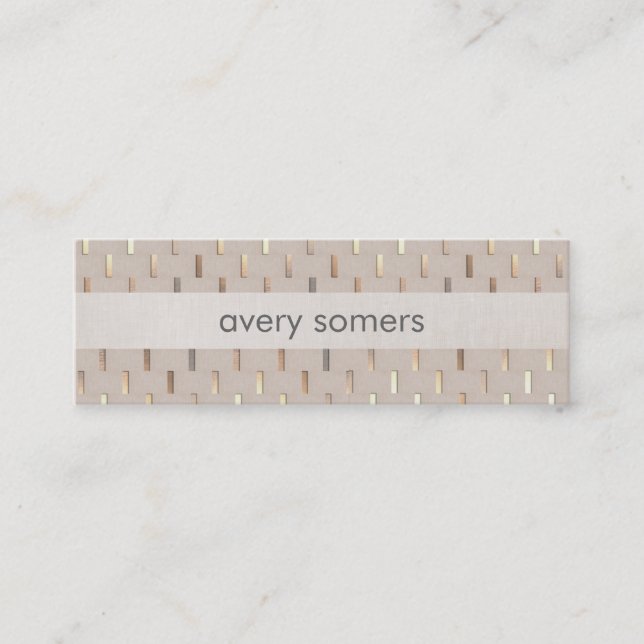 Zen Minimalist Striped Faux Beige Linen and Gold Mini Business Card (Front)