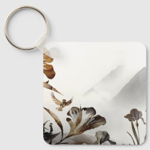 Zen Misty Mountain Birds Minimalist Nature Keychain