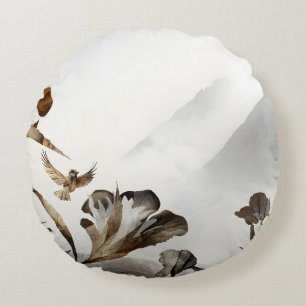 Zen Misty Mountain Birds Minimalist Nature Round Pillow
