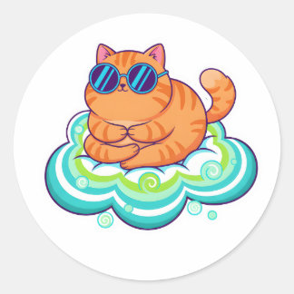 Zen Orange Cat Meditating on Teal Cloud Classic Round Sticker