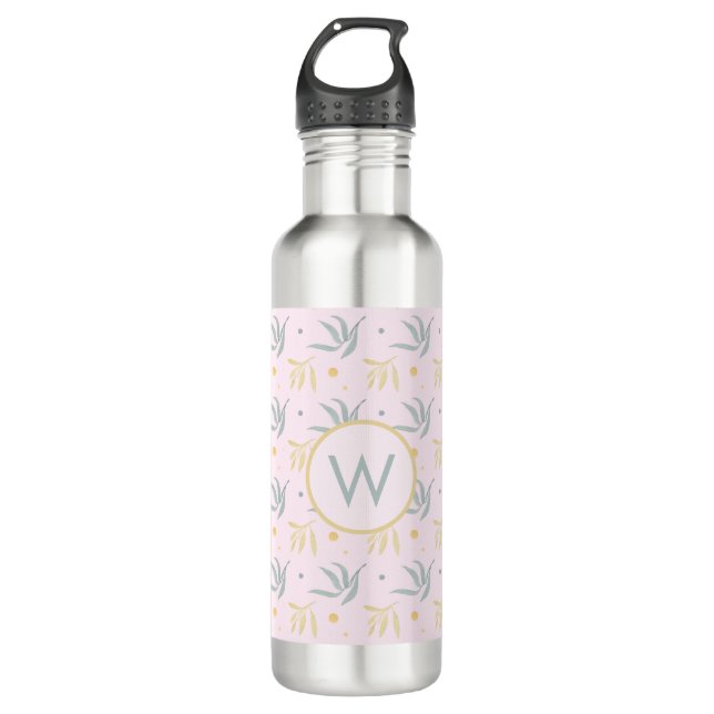 Zen Pastel Pink Botanical Pattern Monogram  710 Ml Water Bottle (Front)