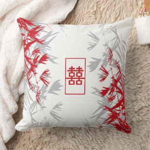Zen Red Grey Bamboo Leaves Modern Double Happiness Throw Pillow