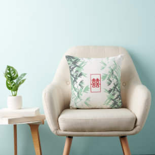 Zen Red Mint Bamboo Leaves Modern Double Happiness Throw Pillow