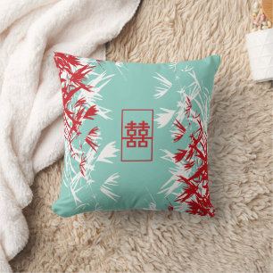 Zen Red Turquoise Bamboo Leaves Double Happiness Throw Pillow