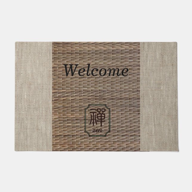 Zen rustic burlap tatami print brown beige welcome doormat (Front)
