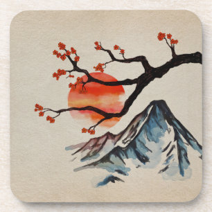Zen Serenity Landscape - Sakura Mountain Sunset Coaster