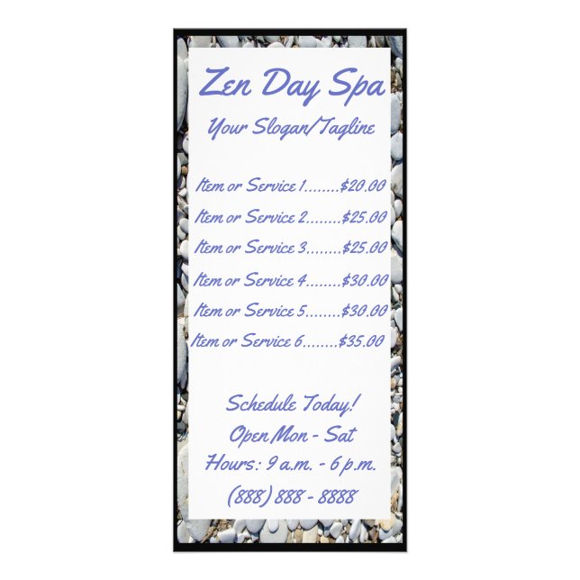 Zen Spa Resort Rack Card and Price List (Front)