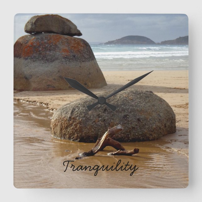Zen Stacked Boulders on Beach Square Wall Clock (Front)