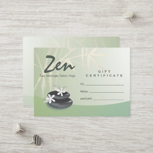 ZEN Stone Bamboo YOGA SPA Massage Certificat cadea (Devant/Arrière en situation)