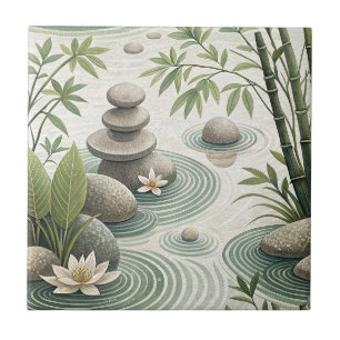 Zen Stone Garden & Japanese Floral Bamboo Pattern Tile
