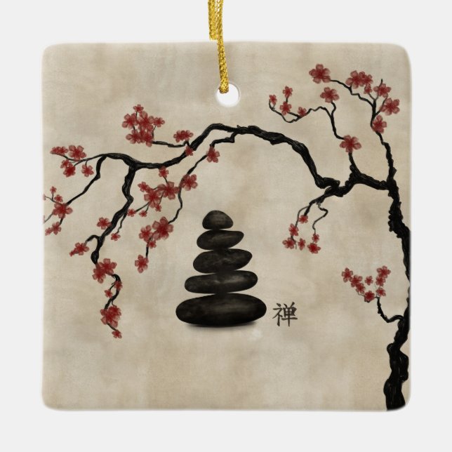 Zen stones Sakura Tree Ceramic Ornament (Front)