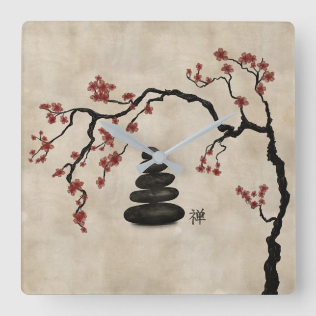 Zen stones Sakura Tree Square Wall Clock (Front)