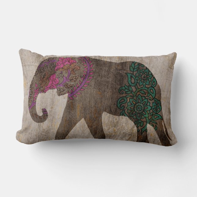 Zen Tribal Asian Elephant Lumbar Pillow (Front)