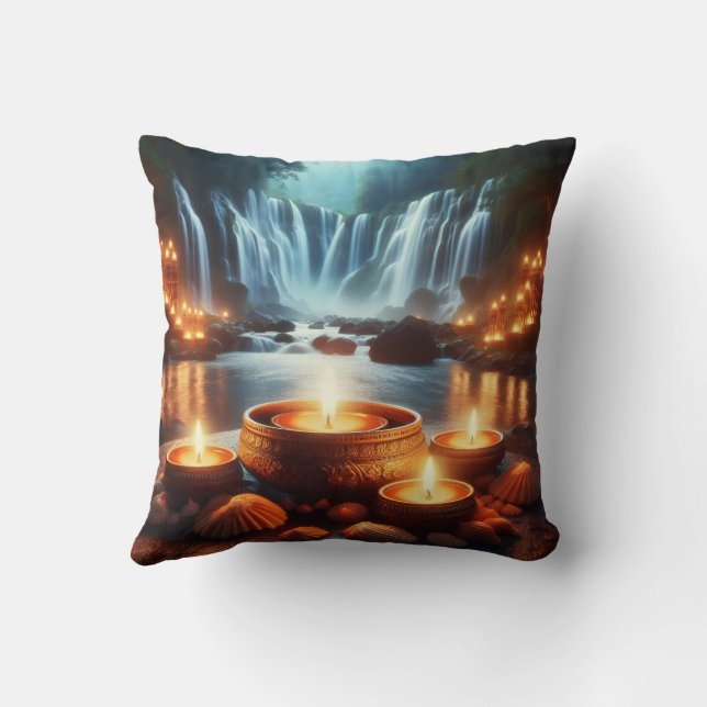Zen Waterfall & Candles Luxury Throw Pillow (Back)