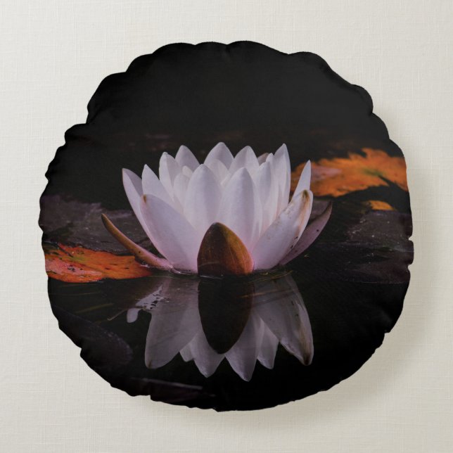 Zen White Lotus Flower Round Pillow (Front)