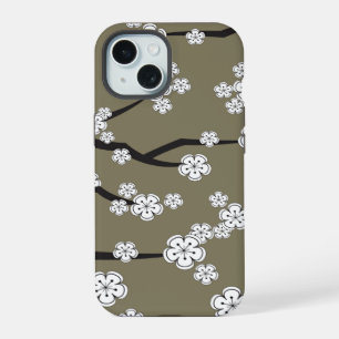 Zen White Sakura Cherry Blossom Flowers On Grey iPhone 15 Case