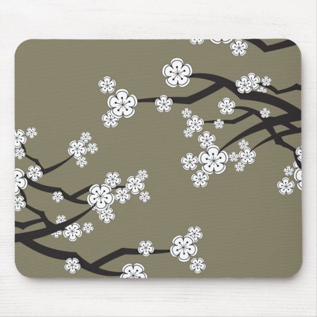 Zen White Sakura Cherry Blossom Flowers On Grey Mouse Pad (Front)
