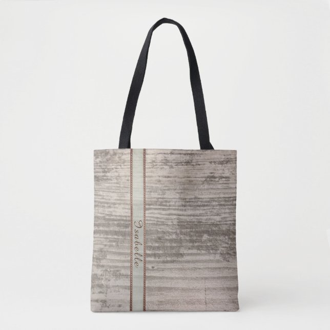 Zen wood grain design custom name stripes blue tote bag (Front)