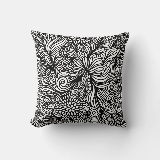 Zentangle flower and paisley doodle design throw pillow (Front)