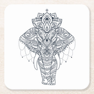 Zentangle Inspired Elephant Square Paper Coaster