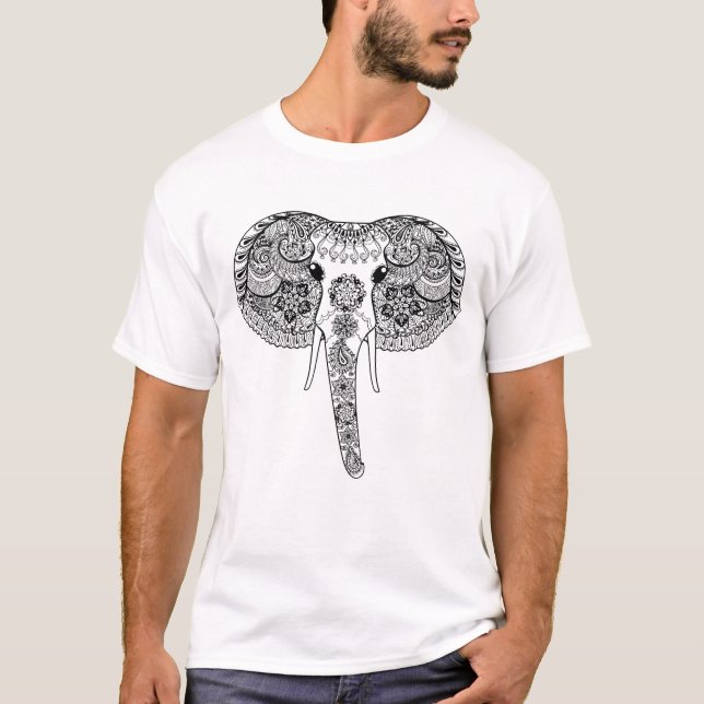 Zentangle Inspired Indian Elephant T-Shirt (Front)