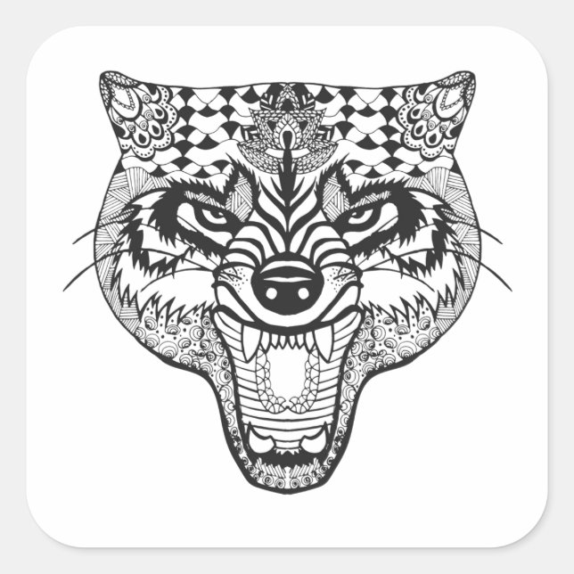 Zentangle Inspired Wolf Square Sticker (Front)