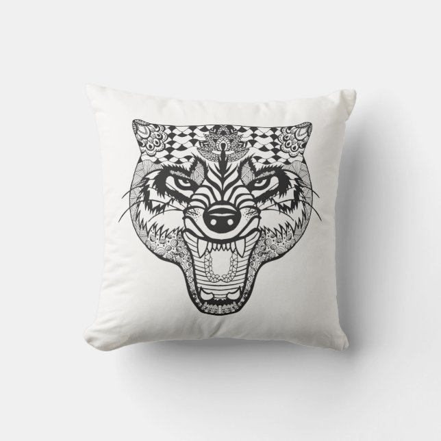 Zentangle Inspired Wolf Throw Pillow (Front)