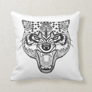 Zentangle Inspired Wolf Throw Pillow