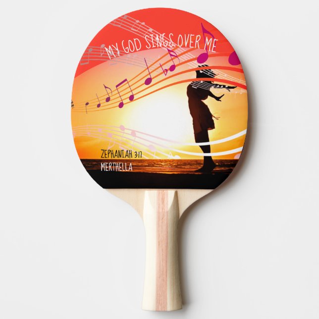 Zeph 3:17 MY GOD SINGS OVER ME Personalized RED Ping Pong Paddle (Front)