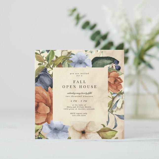 Zephyr Autumn Elegant Floral Square Open House Invitation (Standing Front)
