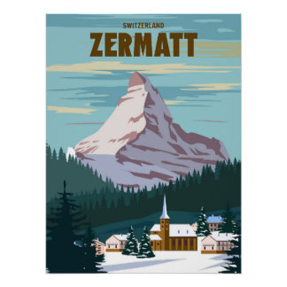 Zermatt Ski resort poster, retro, Alpes Winter Poster