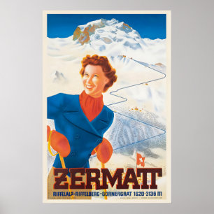 Zermatt Swiss Alps Switzerland Vintage Ski Poster