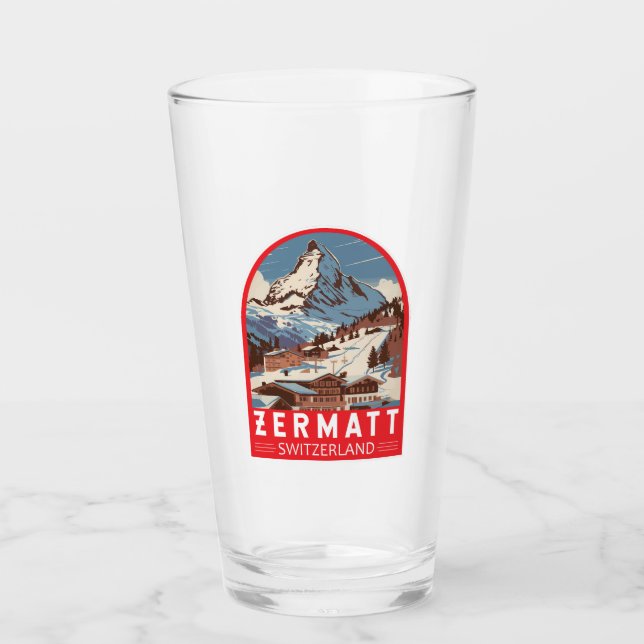 Zermatt Switzerland Illustration Travel Art Retro Glass (Front)