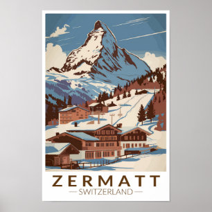 Zermatt Switzerland Illustration Travel Art Retro Poster