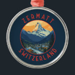 Zermatt Switzerland Retro Distressed Circle Metal Ornament<br><div class="desc">Zermatt retro vector travel design. Zermatt,  in southern Switzerland’s Valais canton,  is a mountain resort renowned for skiing,  climbing and hiking.</div>