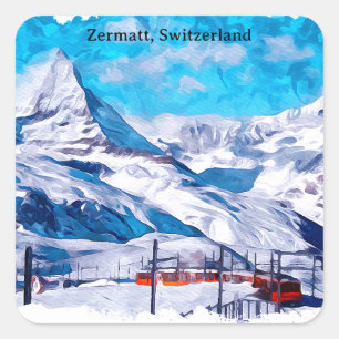 Zermatt Switzerland Swiss Alps Winter Watercolor Square Sticker