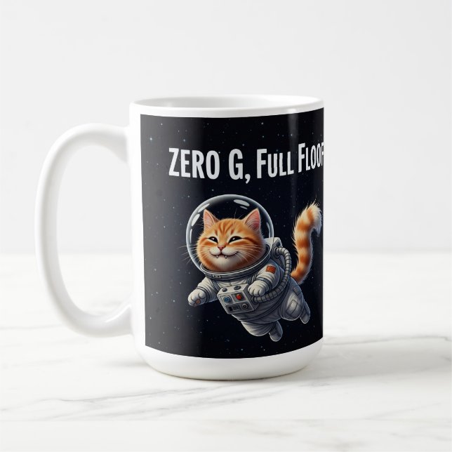 Zero G, Full Floof! Adorable Space Cat Coffee Mug (Left)