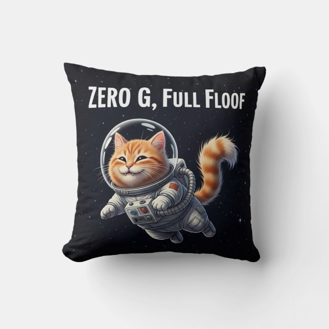Zero G, Full Floof! Adorable Space Cat Throw Pillow (Front)