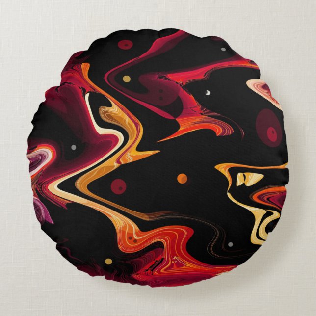 Zero Gravity Painting Abstract in Orange and Black Round Pillow (Front)