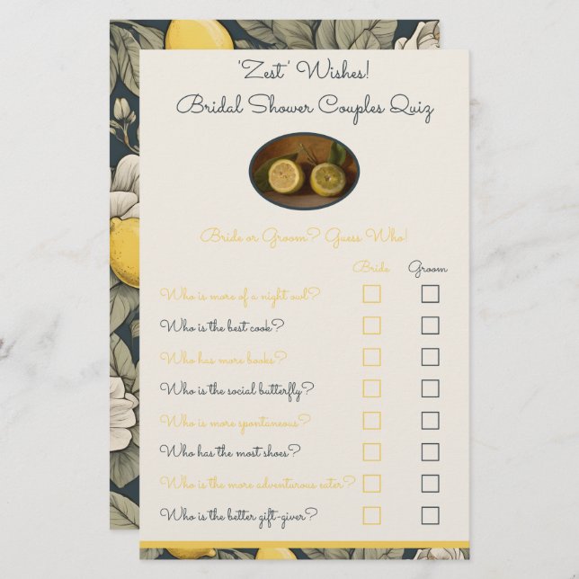 'Zest' Wishes Couple Quiz Shower Game (Front/Back)