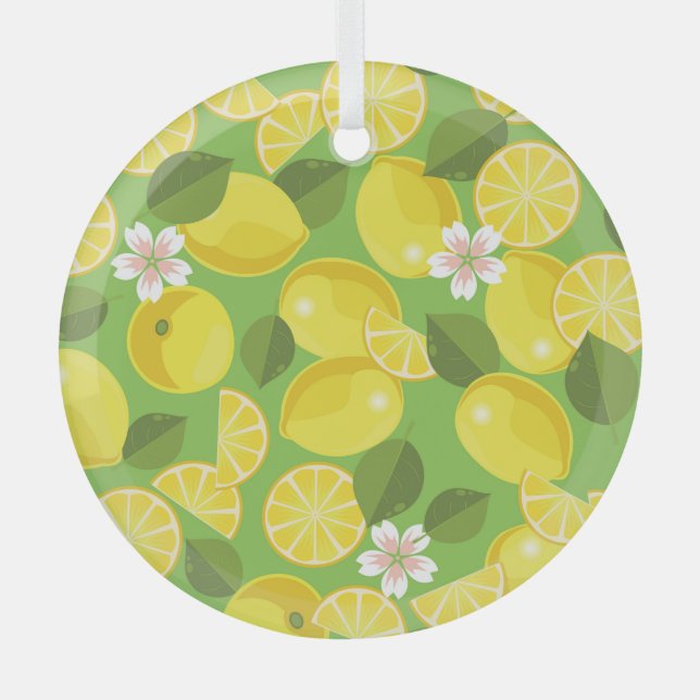 Zesty Lemon: Citrus Pattern Delight Glass Ornament (Front)