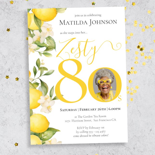 Zesty Lemon Photo Fun 80th Birthday Party Invitation (Mockup View)