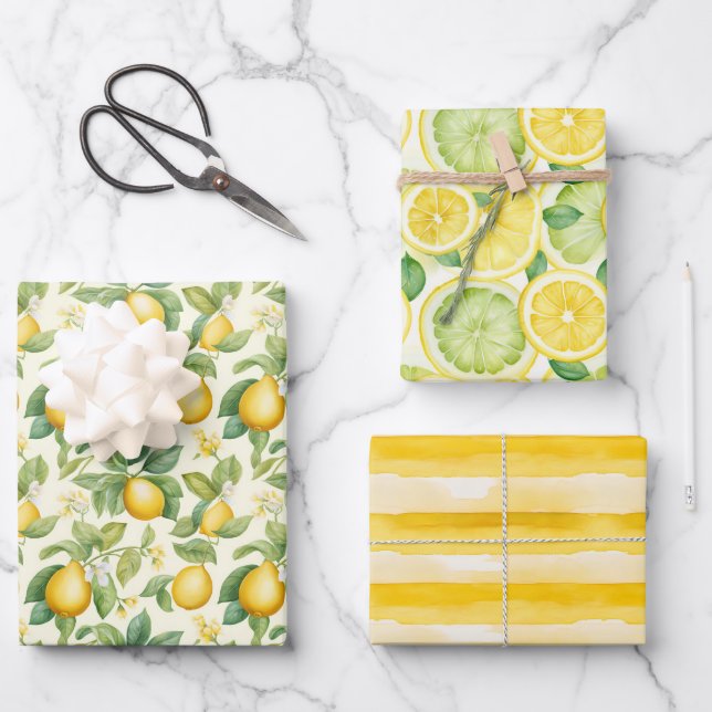 Zesty Lemon Watercolor Wrapping Paper Sheet (Front)