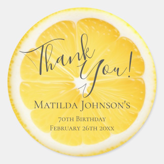 Zesty Lemons Fun Yellow Birthday Party Thank You Classic Round Sticker (Front)